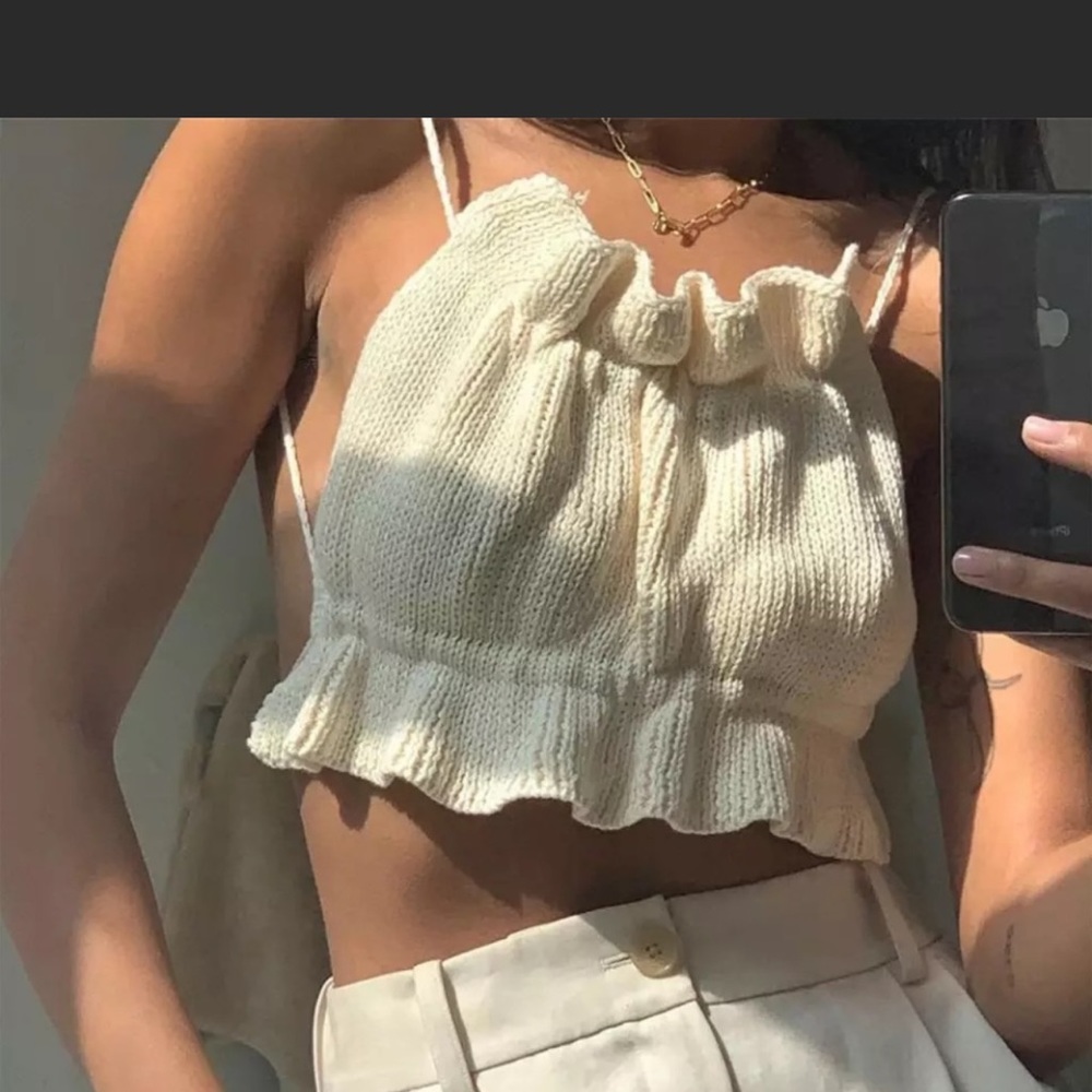 White knit bandeau ruffle top strap detail size xs
